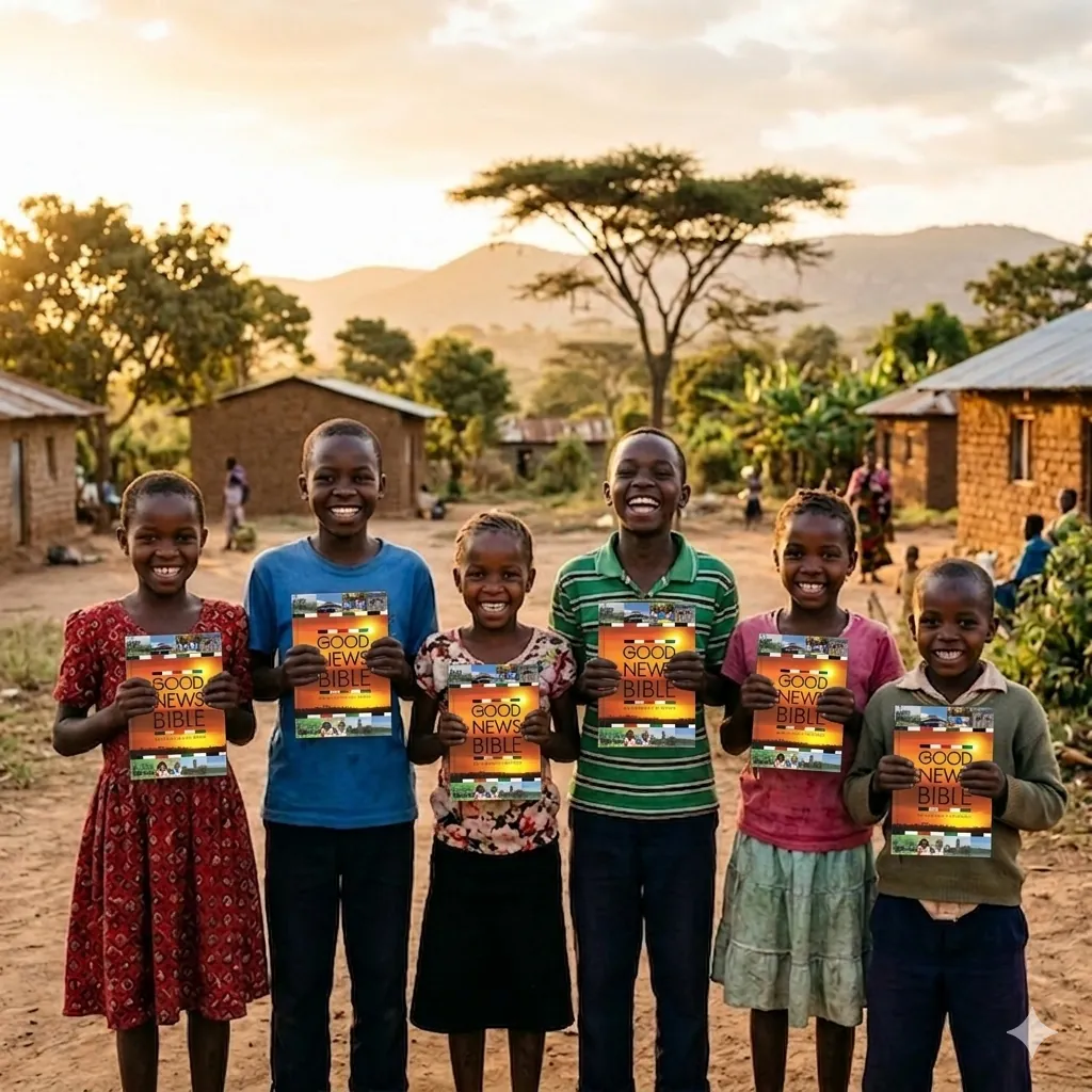 Kenyan children smiling joyfully holding Bibles